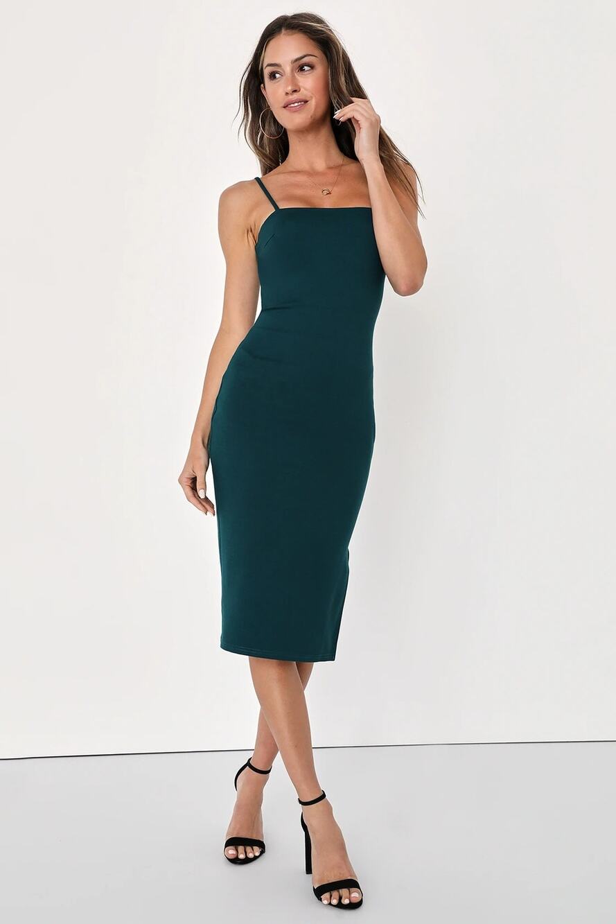 Lulus Paulina Knit Forest Green Bodycon Sleeveless Classic Midi Dress S